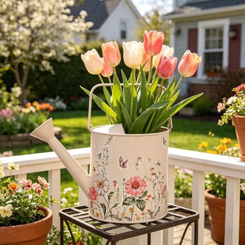 Vintage Floral Metal Watering Can for Indoor/Outdoor Plants, Pink Functional Garden Waterer with Long Spout, Garden Water Pot Rustic Decor for Home Garden Patio by Unknown