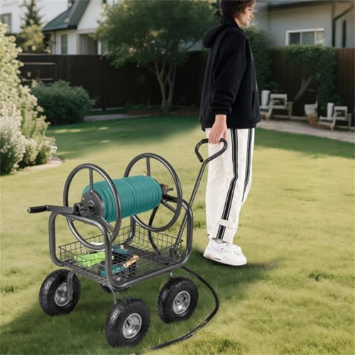 Garden Hose Reel Cart with 4 x 10" Pneumatic Wheels, Heavy-Duty Metal, Holds 300 ft, Crank Handle, Storage Basket - Image 2