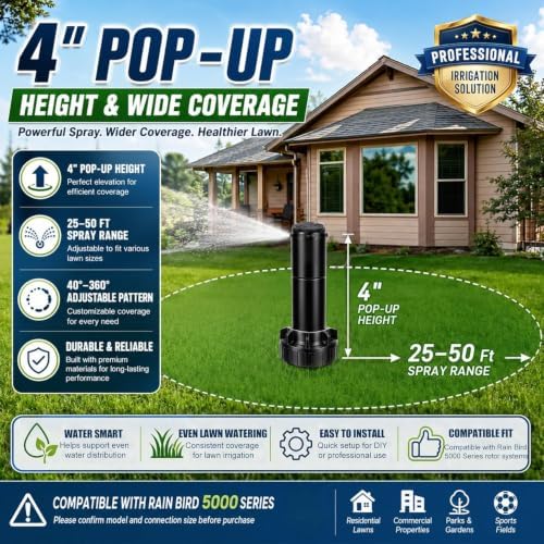 5000 Series Replacement Rotor Sprinkler Heads Compatible with Rain Bird 5004 PC – 4" Pop-Up Gear-Driven Lawn Sprinkler Heads, Adjustable 40°–360°, 25–50 ft Radius, 3/4" NPT Inlet Yard Irrigation (4) - Image 2