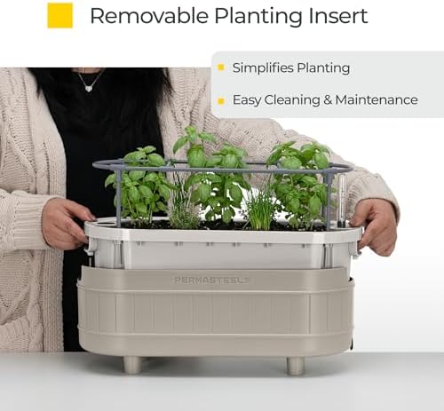 Permasteel Herb Garden Planter with Trellis Support, Self-Watering System with Water Level Indicator, Fits Multiple Herb Plants, for Basil, Flowers, Succulents, Indoor & Outdoor, Taupe - Image 6