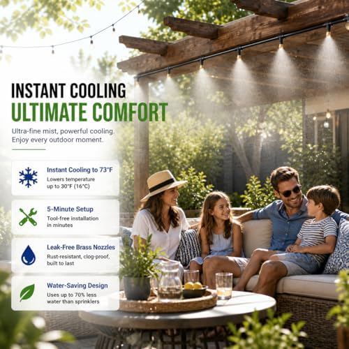 100FT Misters for Outside Patio, Outdoor Misting Cooling System with 20 Brass Nozzles & Filters, DIY Misting Kit for Backyard Garden Greenhouse Deck Umbrella Canopy Pool Porch Trampoline - Image 2
