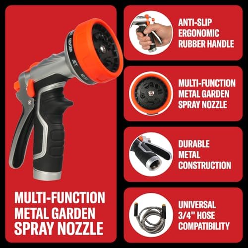 Heavy-Duty Metal Garden Hose Nozzle Sprayer- 316 Stainless Steel - High-Pressure 120 PSI - Multi-Function Spray with Ergonomic Handle - 10 Way - Image 2