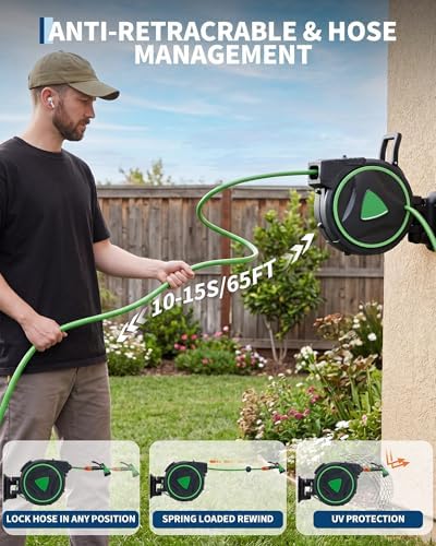 Retractable Garden Hose Reel 65FT, 1/2 Inch Wall Mounted Water Hose Reel for Lawn & Garden - Image 2