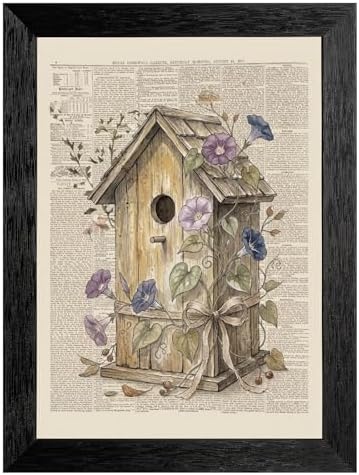Framed Canvas Wall Art Vintage Mixed Media Birdhouse and Morning Glories Sepia Print Canvas Print Poster Black Frame Wall Decor for Bedroom Study, Cottagecore Art - 24x36 Inch by Unknown