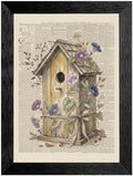 Framed Canvas Wall Art Vintage Mixed Media Birdhouse and Morning Glories Sepia Print Canvas Print Poster Black Frame Wall Decor for Bedroom Study, Cottagecore Art - 24x36 Inch by Unknown