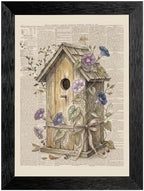 Framed Canvas Wall Art Vintage Mixed Media Birdhouse and Morning Glories Sepia Print Canvas Print Poster Black Frame Wall Decor for Bedroom Study, Cottagecore Art - 24x36 Inch by Unknown