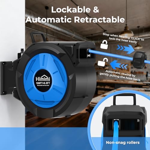 Retractable Air Hose Reel, 3/8" x 100 Ft Hybrid Hose Air Compressor Hose Reel with 6.5 Ft Lead-in Max 300 PSI, Air Hose with Any Length Lock, Automatic Rewind, 180° Swivel Bracket, Quick Coupler - Image 3