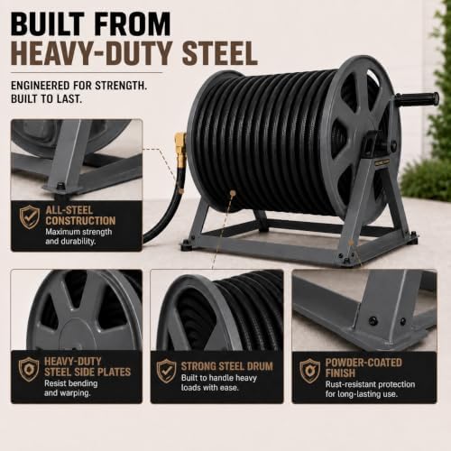 Dual Floor and Wall Mounted Garden Hose Reel, Holds 200ft of Water Hose, Heavy Duty Metal Hose Reel, Space Saving Hose Reel Organizer for Yard, Garage & Shed (Graphite) - Image 3