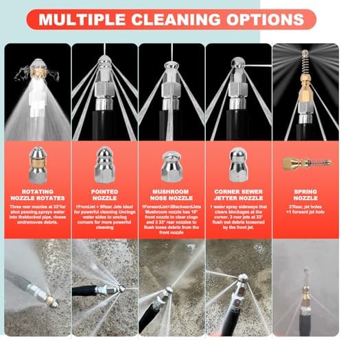 Sewer Jetter Kit for Pressure Washer,Water Jet Drain Cleaning Hose with Corner Rotating Button Spring Nose 1/4" NPT Sewer Cleaning Tool High-Pressure Nozzles,5800 PSI 100 FT - Image 4