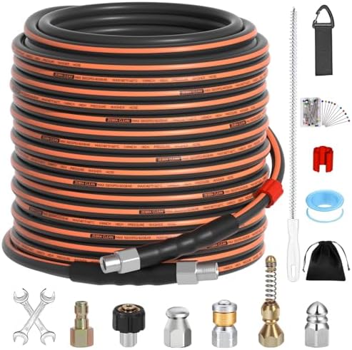 100FT Sewer Jetter Kit for Pressure Washer, 1/4" NPT Corner Drain Cleaner Hose 5800 PSI with Sewer Jetting Nozzles, Pearl Corsage Pin, Waterproof Tape, Extension Cord Organizer&2 Spanner by Unknown