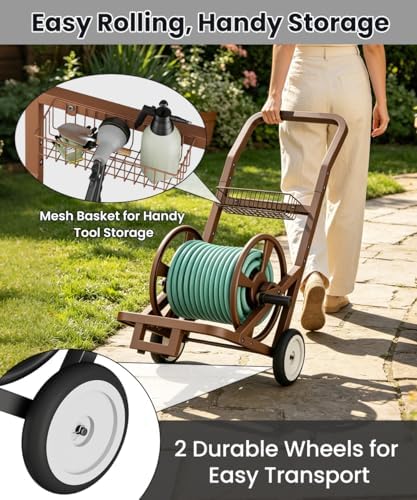 Artigarden Garden Hose Reel Cart with Wheels, Outdoor Water Hose Reel Brown - Image 4