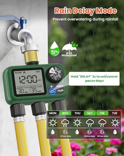 Water Timer for Outdoor Garden Hose, Sprinkler Timer for Garden Faucet with Auto/Manual/Rain Delay Mode, Sprinkler Irrigation Controller for Yard Lawn (3 Zones Brass Inlet & Outlet) - Image 5
