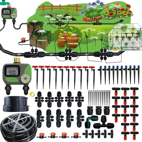Drip Irrigation System for Garden with Water Timer Main ID 1/2inch 32Ft and 1/4inch 131Ft Water Hose, 2-Zone Automatic Watering System Sufficient Water Irrigation Dripper Waterflow Evenly Easy DIY by FesmTek
