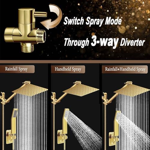 10'' Square Rain Shower Heads with Handheld, High Pressure Shower Head Combo with 11'' Adjustable Extension Arm, All Metal Shower Wand with 78'' Anti-Leak Shower Hose, 3 Way Diverter Valve, Gold - Image 5