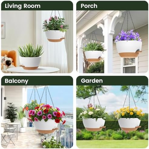 2 Pack 12 Hanging Flower Pots with Chains Self Watering Plastic Planters for Indoor Outdoor Plants, Sturdy Triangular Iron Chain Design for Garden PorchPlastic hanging flower pots (2, White-brown) - Image 7