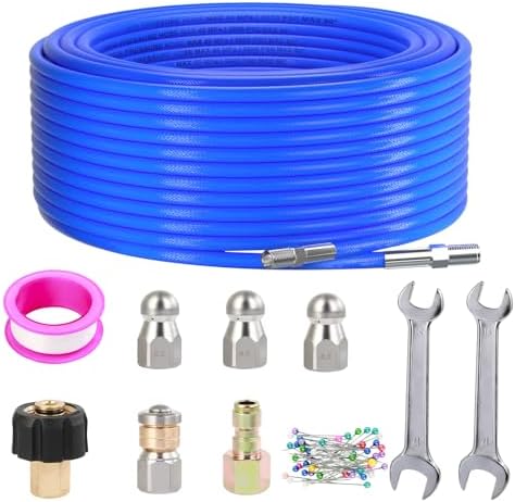 Sewer Jetter Kit for Pressure Washer, 150FT High Pressure Water Hose with 1/4 Inch NPT, 5800PSI Drain Cleaner Hose, Orifice 4.0, 4.5, 5.5 Button Nose and Rotating Sewer Jetting Nozzle by Dollate
