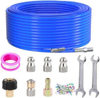 Sewer Jetter Kit for Pressure Washer, 150FT High Pressure Water Hose with 1/4 Inch NPT, 5800PSI Drain Cleaner Hose, Orifice 4.0, 4.5, 5.5 Button Nose and Rotating Sewer Jetting Nozzle by Dollate