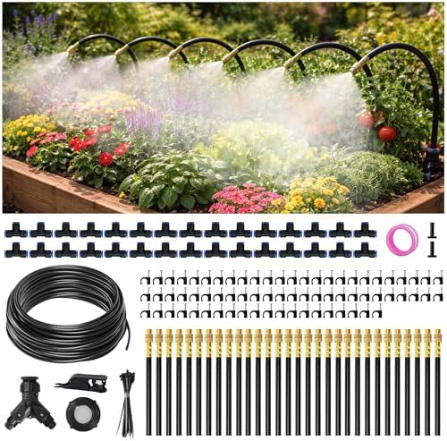 100FT Drip Irrigation System Kit Dual-Zone Garden Atomizing Watering System with 30 Copper 360° Adjustable Bendable Nozzles,Y-Splitter, Leak-Proof 1/4" Misting System for Garden Greenhouse Raised Beds by WelcometoSpalolen
