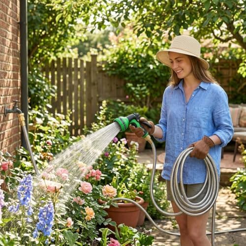 25FT Stainless Steel Garden Hose with 10-Pattern Spray Nozzle - Image 6