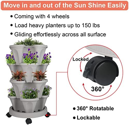 GameXcel Vertical Planter Tower - 4 Tier Stackable Garden Planters with Wheels and Tools Plant Pots for Strawberry Herb Flower and Vegetable Indoor Outdoor Use Gray 2 Pack - Image 6