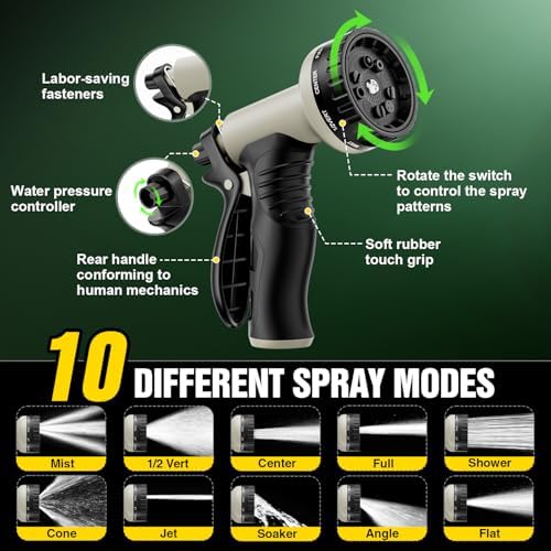Garden Hose 100 ft Non-Expandable, Flexible Water Hose, Lightweight Hose with 10-Function Nozzle for Yard, Portable, Leak Proof, All-Weather Water Pipe for Outdoor, Car Wash, RV, Lawn - Image 4