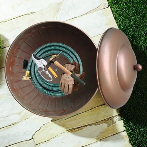 BSTGIFTS Garden Water Hose Holder - Decorative Metal Pot, Metal Hose Storage Pot, Garden Storage Organizer, Patio Portable Bucket - Antique Copper Accents, Holds up to 100ft Hoses (Embossed) - Image 5