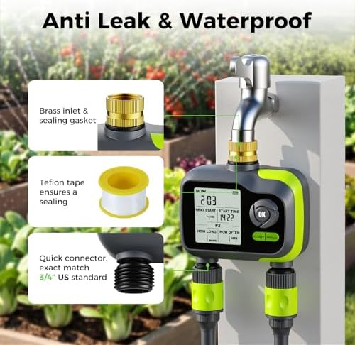 Sprinkler Timer, Brass Inlet Programmable Watering Timer for Garden Hose Fits 3/4” US Faucet, Outdoor Auto& Manual Hose Timer w/Rain Delay& Lock, Dirp Irrigation for Lawn, Yard, 2 Outlets - Image 2