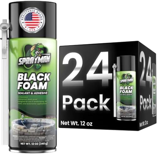 Sprayman Black Waterfall Foam Sealant - (24x12oz) Expanding Polyurethane Pond Foam Sealer, UV Resistant, Water Proof Spray for Landscape & Exterior, Straw Use, 24 Pack by Sprayman