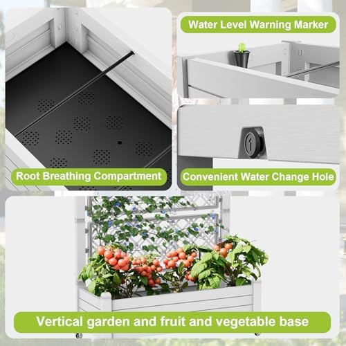 Vixzen 64" Tall Raised Garden Bed,Outdoor Large Resin Planter Box with Trellis and Drain Plug for Climbing Plants,Easy to Assemble,Water Monitor,Mobility(Ashen, 43.43"×18.27"×64.29") - Image 4