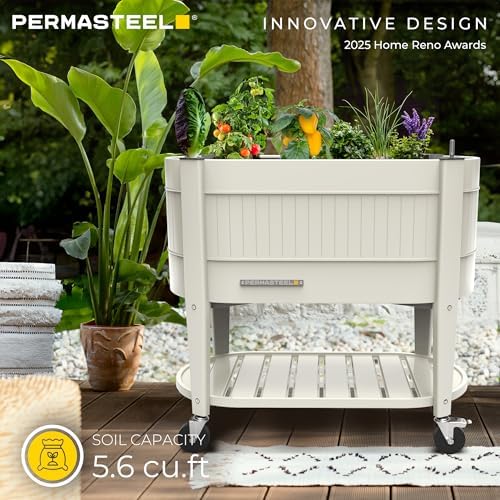 Permasteel Raised Garden Bed with Legs, Planter Box with EnGrow™ TrueSoil™ Technology for Vegetables, Flowers, Herbs, and Fruit, Outdoor Indoor, Storage Shelf, Caster Wheels, Ivory - Image 3