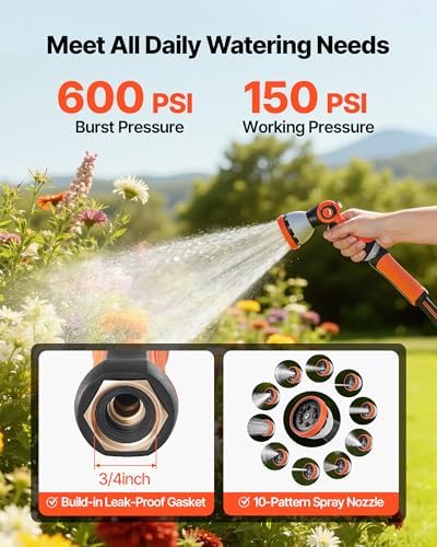 VEVOR Garden Hose, 150 ft 5/8" Heavy Duty Rubber Water Hose with 10 Mode Nozzle, 150PSI Working & 600PSI Burst, Flexible & Non-kink Outdoor Waterhose with 3/4" Fitting, Lightweight Hoses for Gardening - Image 4