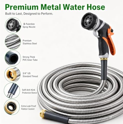 Garden Hose 25FT, Stainless Steel Metal Water Hose with 8-Function Nozzle - Image 2