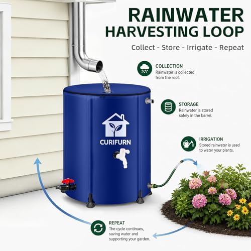 53 Gal Collapsible Rain Barrel with Spigot, Filter and Overflow Kit, Blue - Image 5