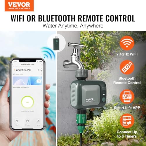 VEVOR WiFi Sprinkler Timer, Single Outlet, Smart Hose Faucet Water Timer with Brass Inlet, APP Control via 2.4Ghz WiFi or Bluetooth, Voice Control with Alexa Google Assistant, IPX6 for Yard Watering - Image 2