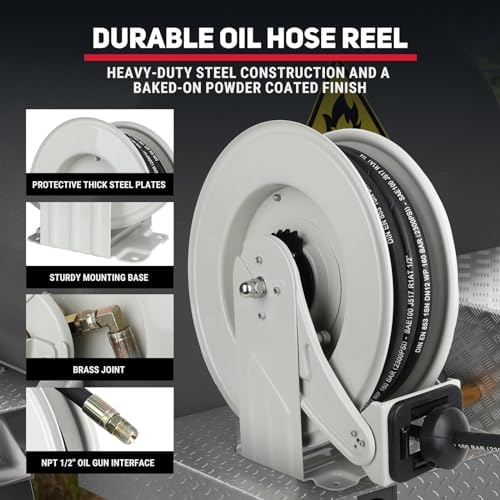 Oil Hose Reel 1/2" x 50', Retractable Spring-Driven Steel Reel - Image 3