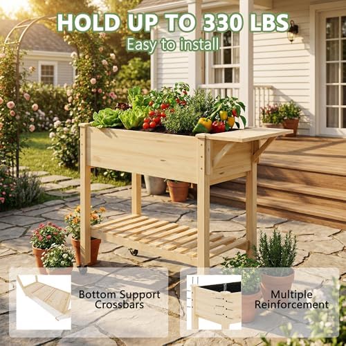 Raised Garden Bed with Legs and Wheels, Self-Watering System, 34x18x30in Elevated Planter Box with Storage Shelf & Liner for Flowers Vegetables Herbs, Raised Bed for Outdoor/Balcony/Patio - Image 6