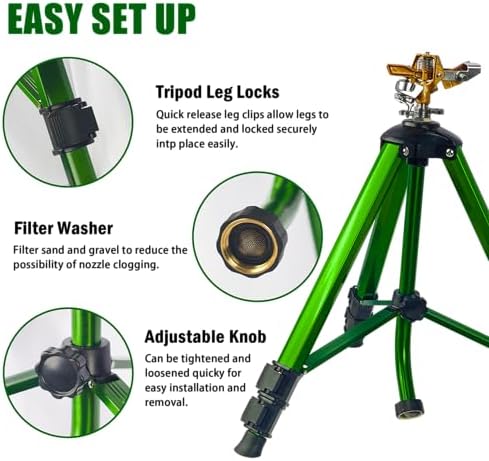 LIULO TOOL Impact Sprinkler on Tripod Base, 2 Pack Tripod Sprinklers with Head, 360 Degree Large Area Irrigation with Extension Legs Flip Locks, Heavy Duty 3/4" Connector for Lawn Yard Garden - Image 4
