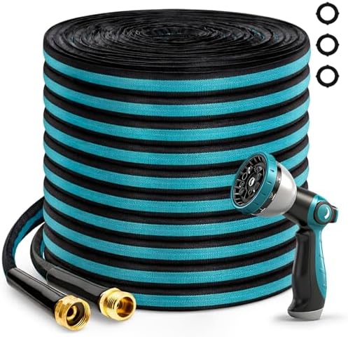100FT Garden Hose, Kink-Free Non-Expandable Flexible Water Hose with 10-Pattern Spray Nozzle, Lightweight Leakproof Flat Hose with 3/4” Solid Brass Connector for Yard, Lawn & Outdoor Use by Svansea