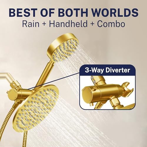HammerHead Showers® Solid Metal Dual Shower Head Combo – BRUSHED GOLD – 8 Inch Rainfall High Flow Shower Head & Handheld Shower Head High Pressure with Hose 6ft - Hotel-Like Double Shower Heads - Image 3