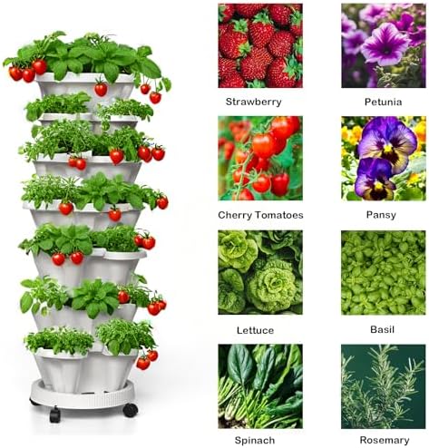 Strawberry Planters, 3 Tiered Vertical Stackable Planter, Herb Stacking Tower Garden, Flower Vegetable Planters with Support Pole, Indoor & Outdoor with Removable Wheels - Dark Grey - Image 5