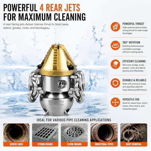 Anrain 3/8" NPT Sewer Jet Nozzle, 70L/min High-Pressure Drain Cleaner with Sharp Tip & Removable Chains, Compatible with 70L/min Pressure Washers for Pipe Blockages (Roots, Deposits) - Image 5