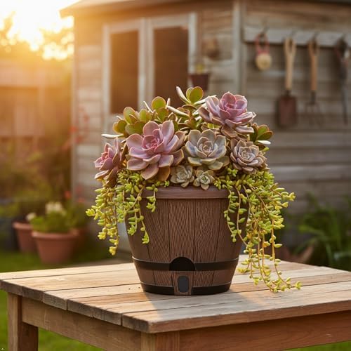 Sun-E 10" Self-Watering Whiskey Barrel Planter 3 Pack for Indoor Outdoor - Image 3