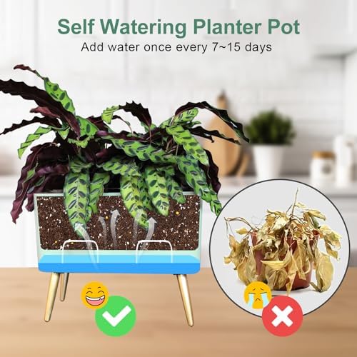 Oliz 13.5 Inch Planter Pot with Metal Craft Legs, Self Watering Planter Pots with Water Shortage Alarm Plant Pot for Indoor Outdoor Decorative Succulents Herb (B- Green) - Image 5