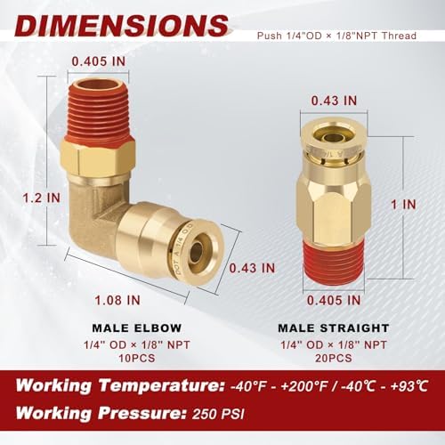 1/4" Tube x 1/8" NPT Male Straight & Elbow Brass Air Fittings Kit, 30PCS - Image 5