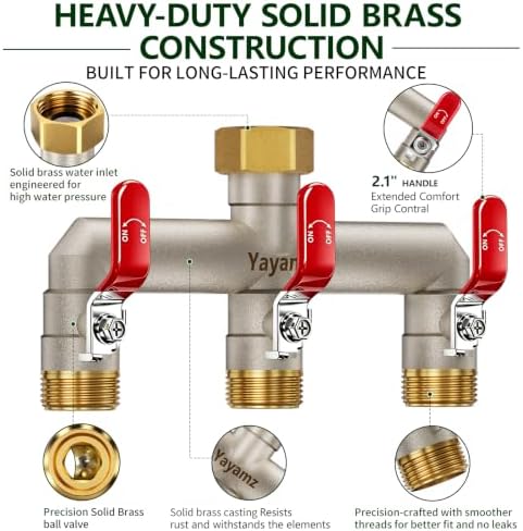 3-Way Garden Hose Splitter, Heavy-Duty Brass, 3/4" GHT, (Red) - Image 2