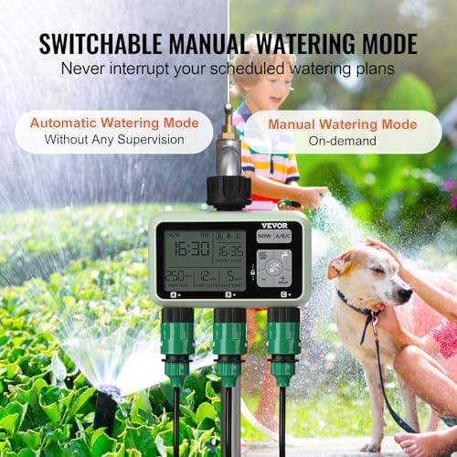 VEVOR Water Timer, 3 Outlets, Hose Watering Sprinkler Timer, with 3 Independent Watering Zone LCD Display Rain Delay Mode Manual Mode 360° Brass Inlet Metal Filter, IPX6 Waterproof for Yard Watering - Image 5