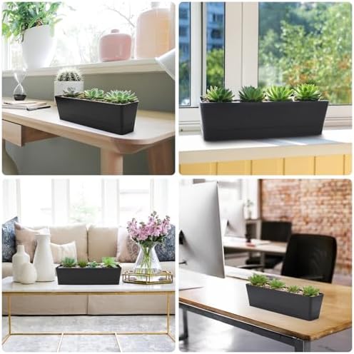 GREANER 6 Pack Herb Planters, 12x3.8 Inch Black Rectangle Window Boxes with Tray, Indoor Succulent Cactus Mint Plastic Pot for Windowsill, Balcony, Office, Outdoor Garden - Image 6