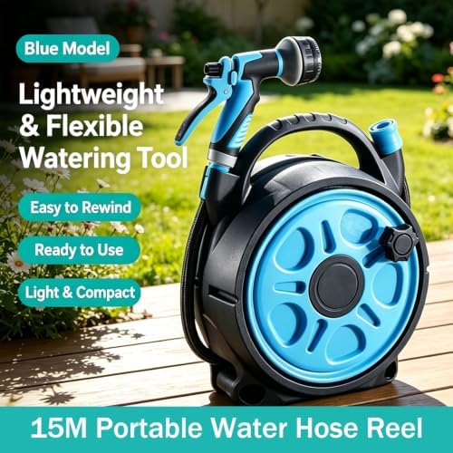 Portable Water Hose Reel, 15M Flexible Garden Hose with Multi-Pattern Spray Nozzle, Lightweight Handheld Hose Reel for Garden Watering, Car Washing, Patio & Pet Cleaning - Image 2