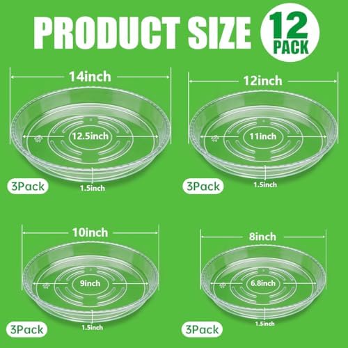 RooTrimmer 12 Pack Clear Plant Saucers for Pots,8" 10" 12" 14 Inch Assorted Sizes,Heavy Duty Thick Plastic Drip Trays,Indoor Outdoor Flower Pot Trays for Floor Protection(3 of Each Size) - Image 2