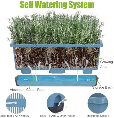 Window Box Planter 4 Packs, 17 Inches Rectangle Flower Pots with Drainage Holes & Trays, Pots for Vegetables, Herbs, Flowers, Garden Windowsill Balcony (Blue, 17 * 5.1 * 6 inch) - Image 2